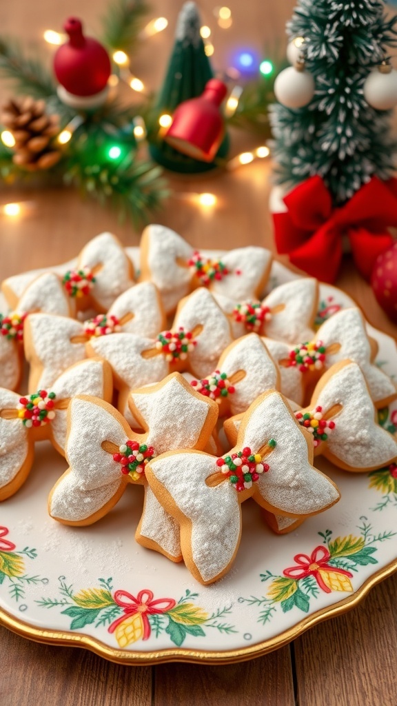 A plate of Christmas bow doodle cookies shaped like bows, decorated with powdered sugar and sprinkles, surrounded by holiday decor.